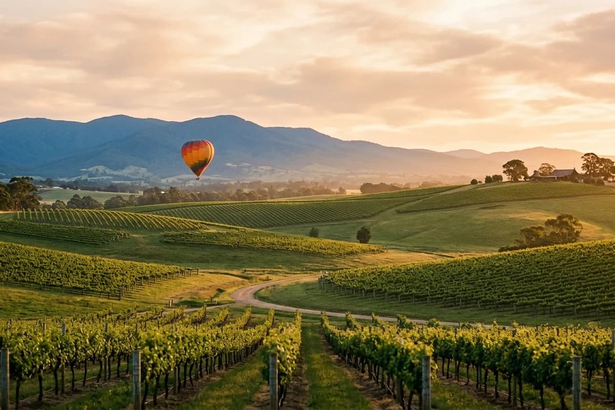 Rolling Yarra Valley vineyards with a hot-air balloon at golden hour