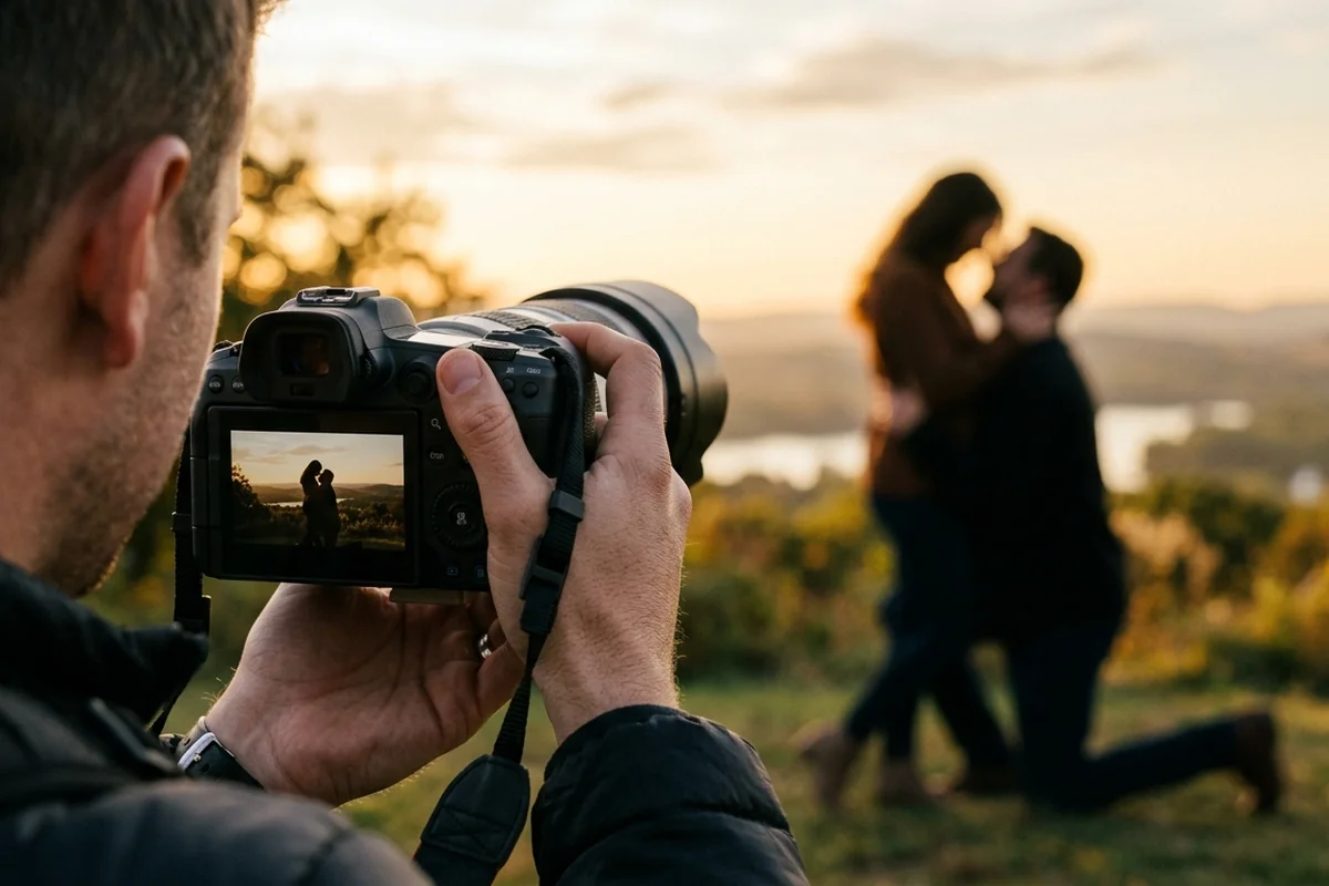 A videographer filming a proposal moment at golden hour